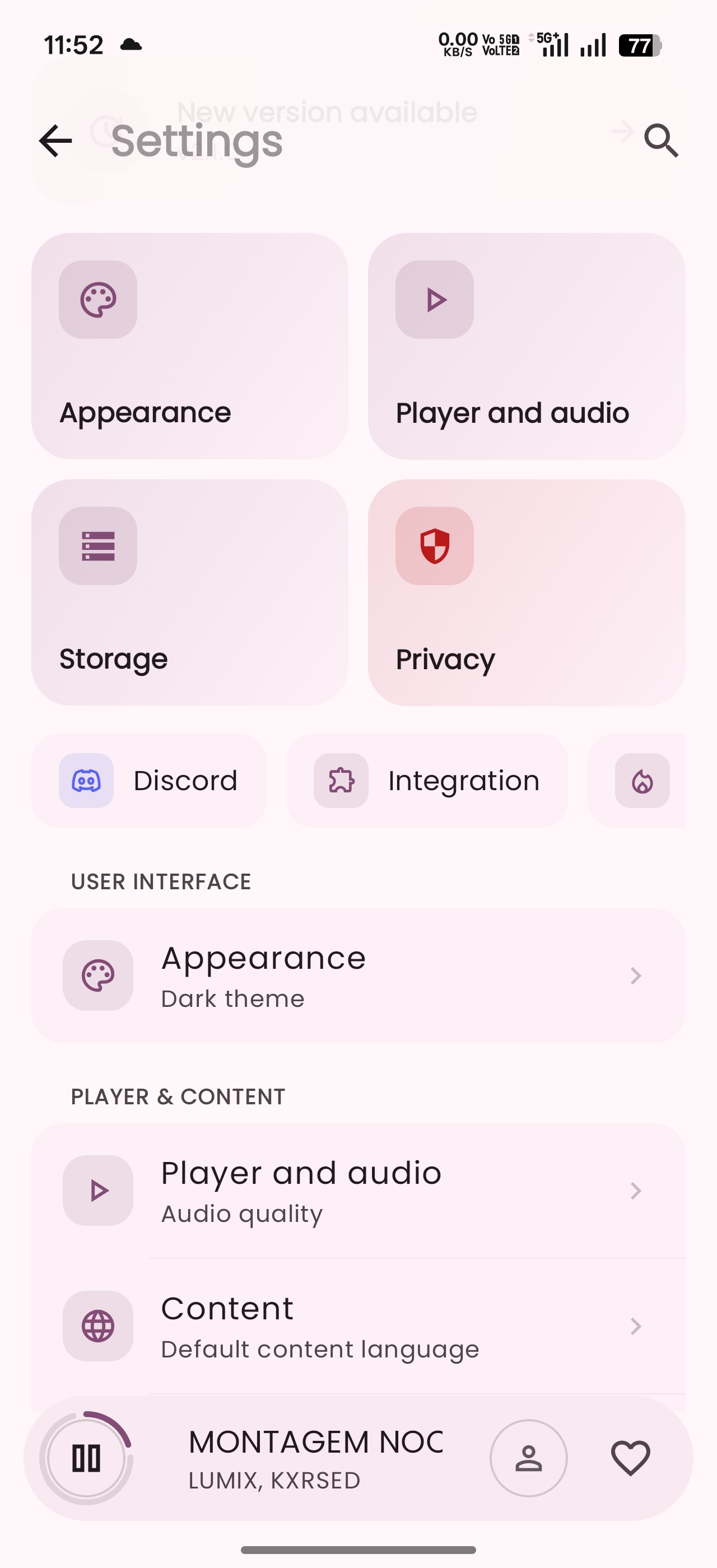 Settings screen